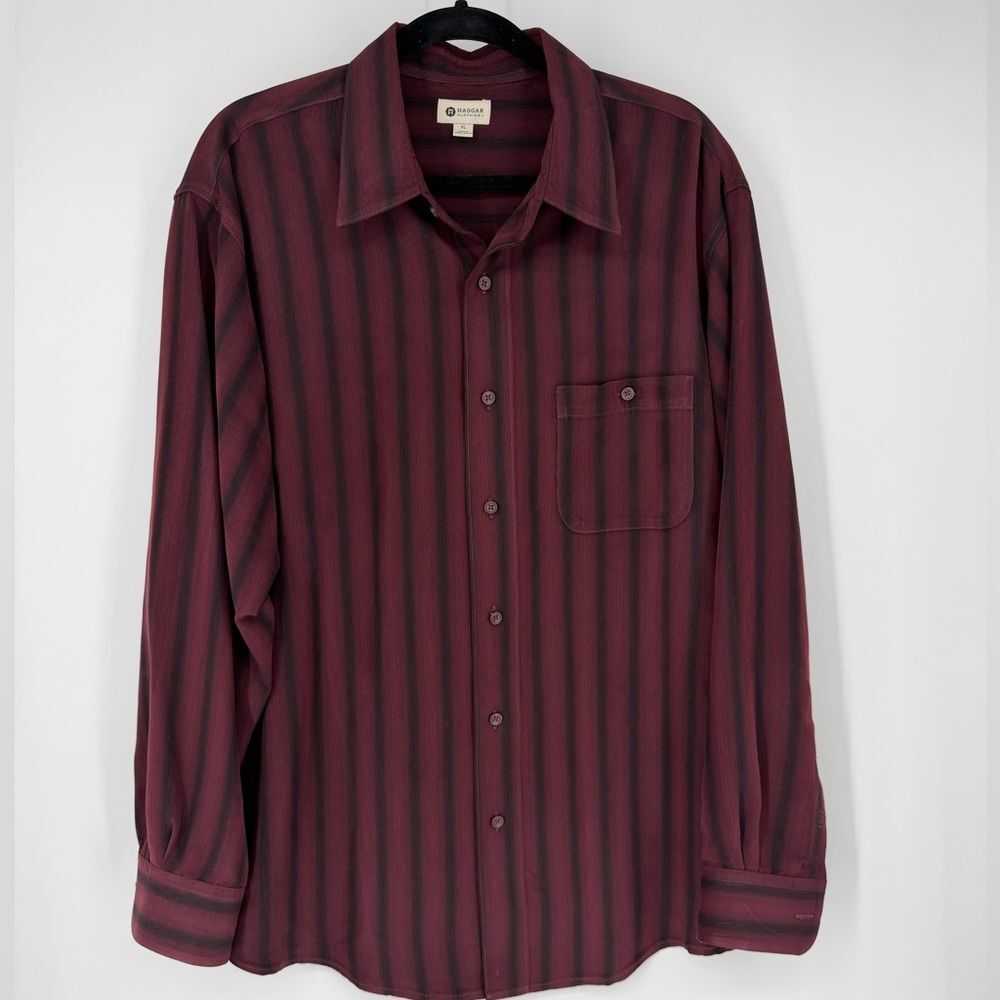 Haggar Men's Microfiber Burgundy/Black Striped Shirt XL